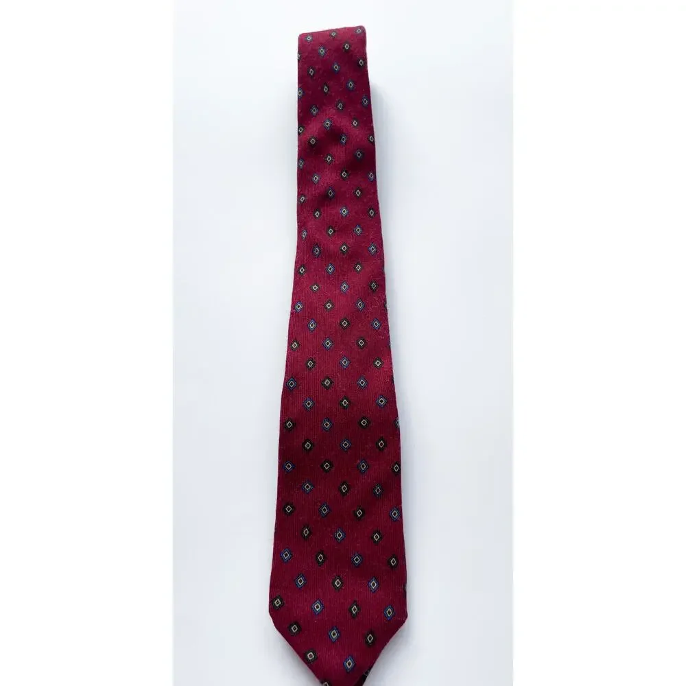 Vintage Cacharel Red and Blue Diamond Pattern Wool and Silk Blend Neck Tie